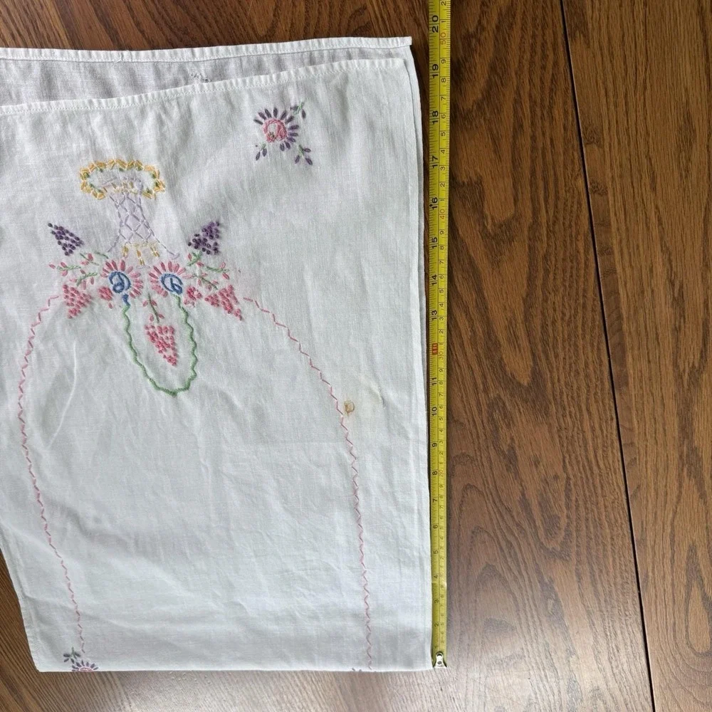 Vtg Embroidered Crochet Dresser Scarf Table Runner Flower Basket Thin Fabric EUC